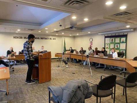 Kahsai delivers his speech to the Mercer Island School Board. Photo Courtesy Brooks Kahsai.