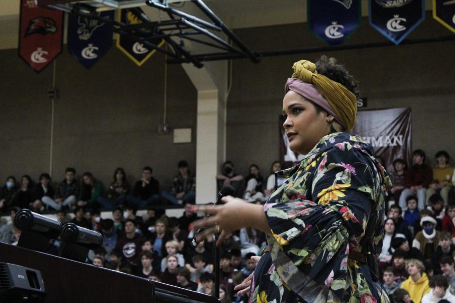Ijeoma Oulo giving her speech to the MIHS student body and staff. Photo by Hannah Howison.
