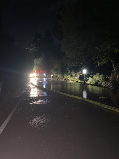 Water from the broken pipe flows onto West Mercer Way.