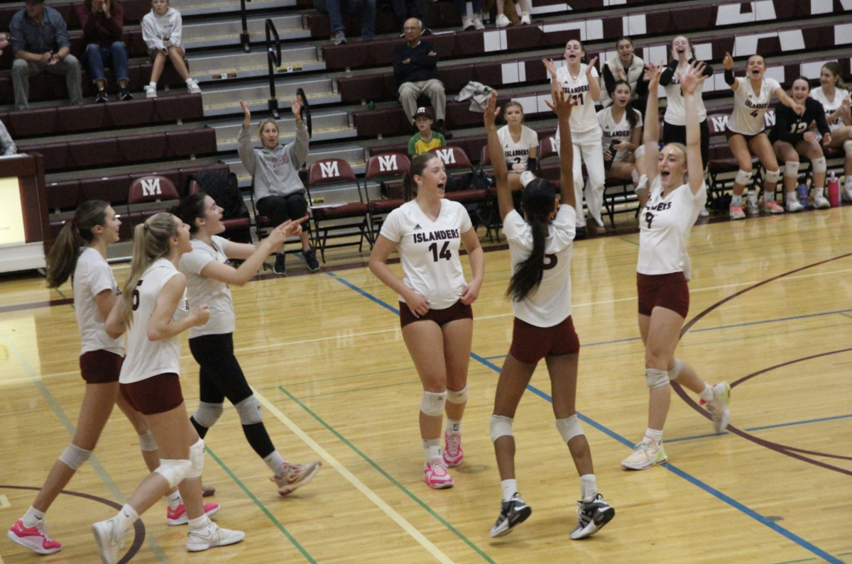 Members of the volleyball team celebrate after winning a set.